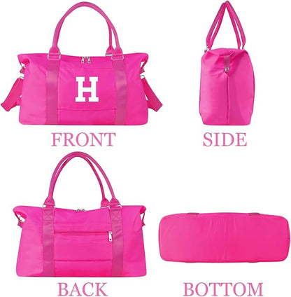 Overnight Bag for Kids Teen Girls Weekender Dance Bag Birthday Graduation Gifts,Initial Travel Duffel Bag Sports Gym Bag Personalized Weekender Bag Carry On Bags Preppy Gifts for Women(Hot Pink, H)