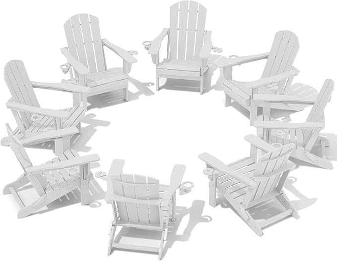 SERWALL Adirondack Chair with Cup Holders - Composite Adirondack Chairs Set of 8 HDPE Outdoor Chairs All Weather Use- White
