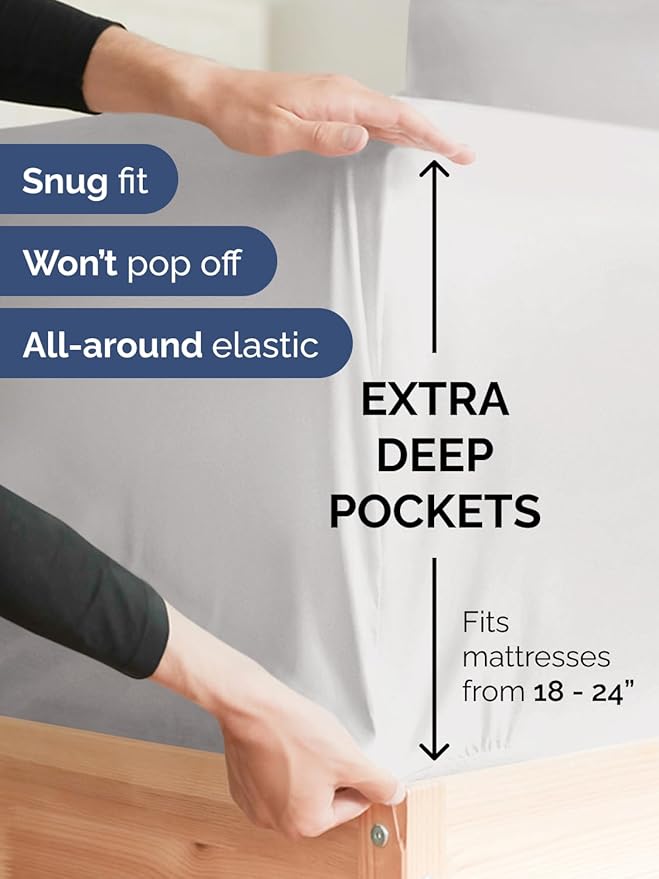Extra Deep Cal King Fitted Sheet - Hotel Luxury Single Fitted Sheet Only - Easily Fits 18 inch to 24 inch Mattress - Ultra Soft, Wrinkle Free w/Extra Deep Pockets - Breathable & Comfy - French Grey
