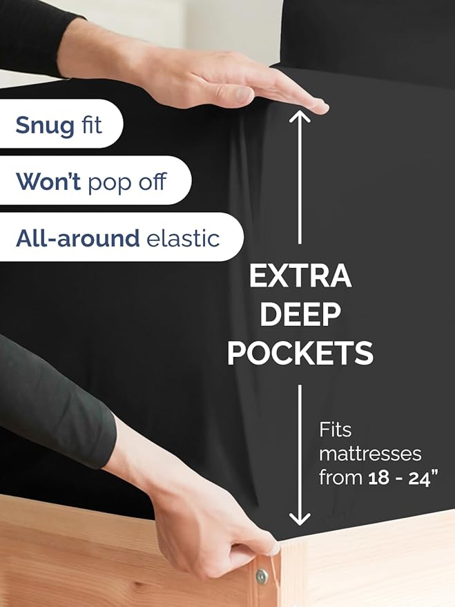 Extra Deep Queen Fitted Sheet - Hotel Luxury Single Fitted Sheet Only - Easily Fits 18 inch to 24 inch Mattress - Ultra Soft, Wrinkle Free w/Extra Deep Pockets - Easy-Care, Breathable & Comfy - Black