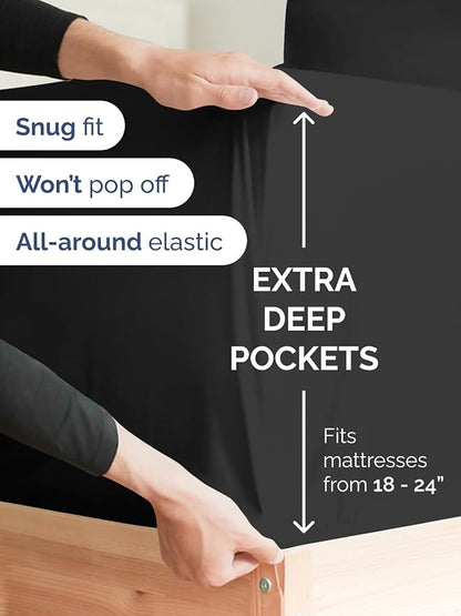 Extra Deep Queen Fitted Sheet - Hotel Luxury Single Fitted Sheet Only - Easily Fits 18 inch to 24 inch Mattress - Ultra Soft, Wrinkle Free w/Extra Deep Pockets - Easy-Care, Breathable & Comfy - Black