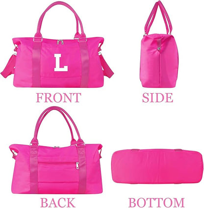 Overnight Bag for Kids Teen Girls Weekender Dance Bag Birthday Graduation Gifts,Initial Travel Duffel Bag Sports Gym Bag Personalized Weekender Bag Carry On Bags Preppy Gifts for Women(Hot Pink, L)