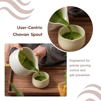 Matcha Whisk Set - Ceramic Bowl, Bamboo Whisk with Holder, Sifter, Schima Spoon, Spoon Rest and Tea Towel - 7 Pcs Complete Kit for Traditional Matcha and Modern Lattes (White)