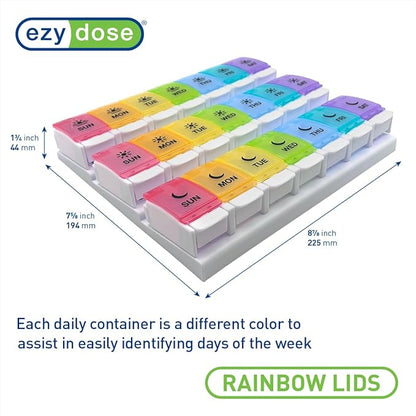 EZY DOSE Weekly (7-Day) Pill Case, Daily Medicine Planner, Vitamin Organizer Container, Large Push Button Compartments, Easy to Use, 3 Times a Day, Spring Open Design, Rainbow Lids, BPA Free