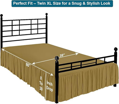 Shreem Linen Ruffled Bed Skirt with Split Corners, Gathered Style, 100% Microfiber, 15-Inch Drop, Dust Ruffle Bedskirt with Platform, Twin-XL, Taupe