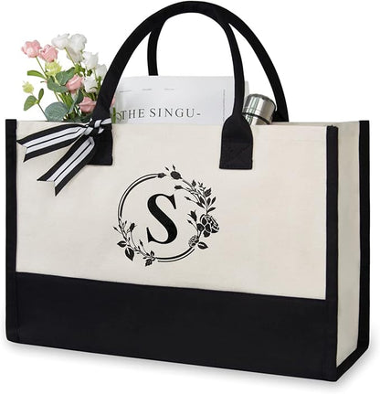 TOPDesign Personalized Initial Jute/Canvas Beach Bag, Monogrammed Gift Tote Bag for Women