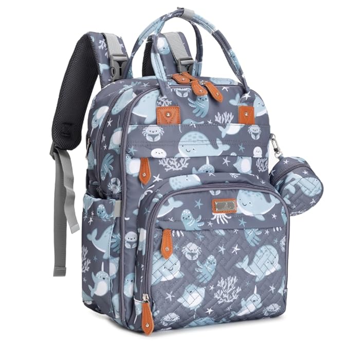 BabbleRoo Diaper Bag Backpack - Baby Essentials Travel Tote - Multi Function Water Resistant Diaper Bag, Travel Essentials Baby Bag with Changing Pad, Stroller Straps & Pacifier Case - Sea Animals
