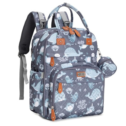 BabbleRoo Diaper Bag Backpack - Baby Essentials Travel Tote - Multi Function Water Resistant Diaper Bag, Travel Essentials Baby Bag with Changing Pad, Stroller Straps & Pacifier Case - Sea Animals