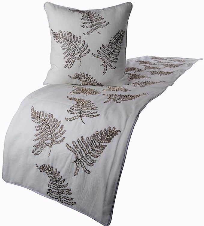 The HomeCentric White Bed Runner Without Pillow Cover, Full Size 68"x18" Decorative Bed Runner, White Linen Bed Scarf in Fern Embroidery & Pearl - Fern Blossom