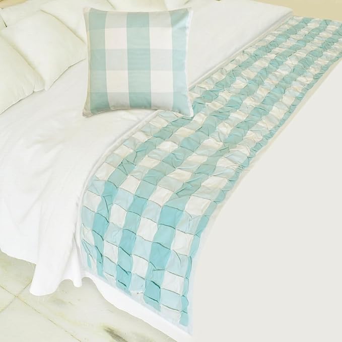 The HomeCentric King/Queen/Twin Aqua Decorative Bed Runner Queen 74"x18" Bed Runner with Two Pillow Cover, Checkered, Buffalo Plaid, Check Bed Scarf on Cotton Fabric - Aqua Plaid Knots