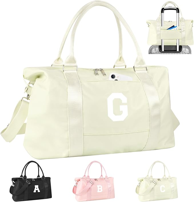 Initial Travel Duffel Bag Sports Gym Bag for Kids Teen Birthday Gifts,Beige Personalized Weekender Bag Carry On Dance Bags for Women Men,Waterproof Monogram Overnight Bag with Trolley Sleeve(Letter G)
