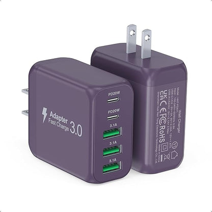 50W 2-Pack USB C Wall Charger Block, 5-Port C Charger Fast Charging Block PD Power Adapter +QC 3.0 Multiport Type C Box Brick Cube USB A Wall Plug for iPhone 16/15/14/13 Pro Max,Samsung Galaxy(Purple)