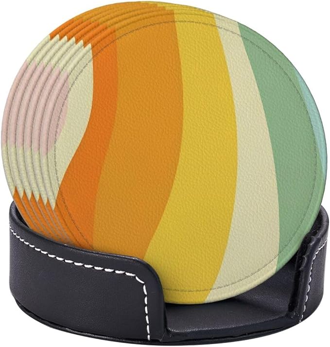 6 Pcs Groovy Retro 70s Style Cute Abstract Leather Coasters