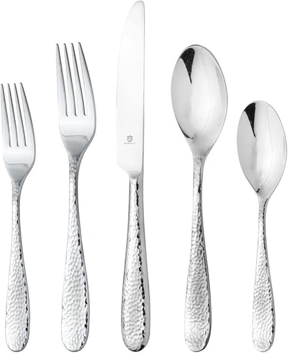 Hammered Silverware Set | Premium 18/10 Stainless Steel Flatware Service for 16 | Heavy-Duty & Dishwasher Safe | Built to Last (80-Piece, Fidenza Hammered)