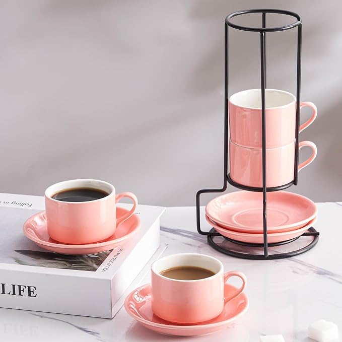 Espresso Cups, 2.5 OZ Stackable Espresso Cups Set of 4 | Porcelain Stackable