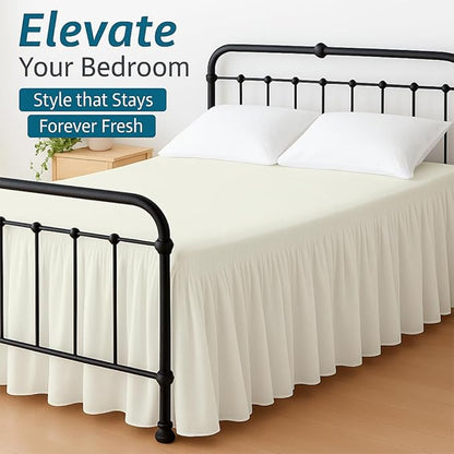 Shreem Linen Ruffled Bed Skirt with Split Corners, Gathered Style, 100% Microfiber, 16-Inch Drop, Dust Ruffle Bedskirt with Platform, King, Ivory