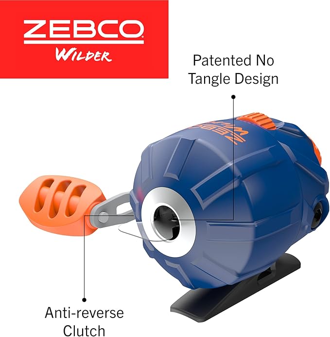 Zebco Wilder Fishing Reel and Rod Combo, 4'3" Durable Fiberglass Rod with Built-In Carabiner, Patented No-Tangle Reel, Pre-Spooled with 6-Pound Zebco Cajun Fishing Line, Blue/Orange