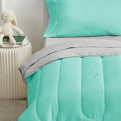 UOZZI BEDDING 4 Pieces Toddler Bedding Set Ultra Soft and Breathable Toddler Sheet Set - Includes Comforter, Flat Sheet, Fitted Sheet and Pillowcase - Teal/Green & Gray