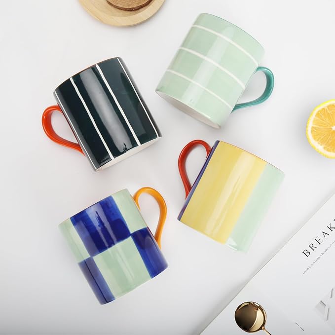 Koja Colorful Hand Painted Ceramic Mugs, 16 oz, Dishwasher Safe | Also