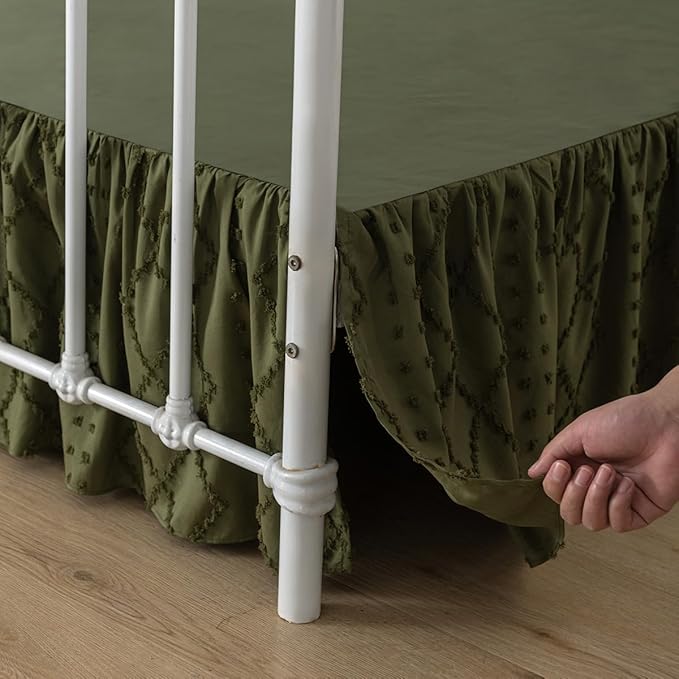 Bed Skirt King Size Ruffled Bed Skirt with Split Corners, 16 Inch Drop Dust Ruffle Bed Skirts with Platform, Boho Tufted Shabby Chic King Size Bed Skirts, Olive Green