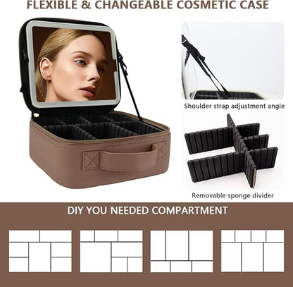 Travel Makeup Bag with LED Lighted Mirror, Travel Makeup Organizer,3 Color Setting Cosmetic Makeup Box, Adjustable Dividers and Brush Holder（Mocha）
