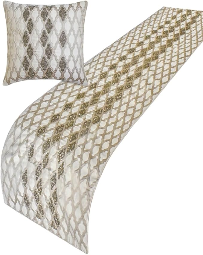 The HomeCentric King/Queen/Twin Ivory Luxury Full 68"x18" Bed Runner Without Pillow Cover, Bead Hand Embroidery Bed Scarf on Jacquard Fabric - Priscilla Dazzle