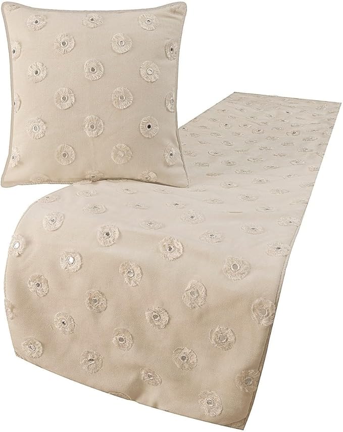 The HomeCentric King Queen Twin White Decorative CA King 86"x18" Bed Runner with Pillow Cover, Mirror Embroidery Bed Scarf on Cotton Fabric - Mirror Lover