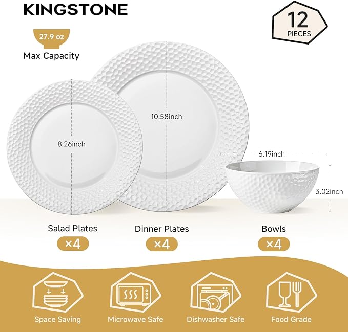 12Pcs Hammered Rim White Bone China Set, Service