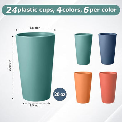24 Pcs Unbreakable Plastic Cups Set, 20 oz Reusable Plastic Cups, Stackable