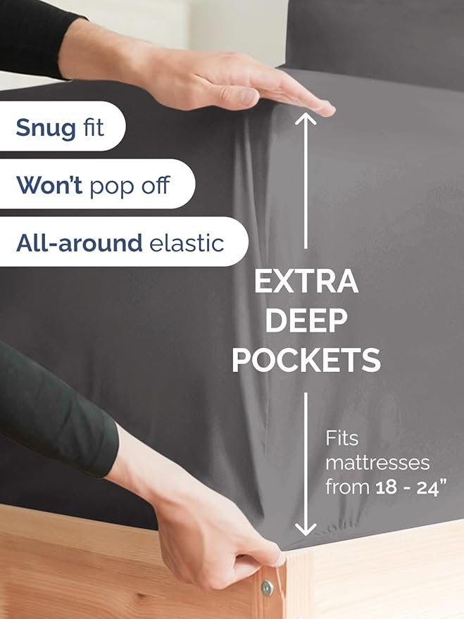 Extra Deep Cal King Fitted Sheet - Hotel Luxury Single Fitted Sheet Only - Easily Fits 18 inch to 24 inch Mattress - Ultra Soft, Wrinkle Free with Extra Deep Pockets - Breathable & Comfy - Dark Grey