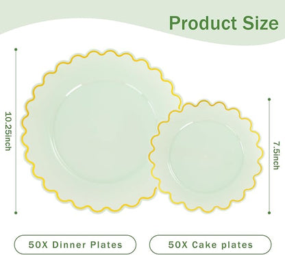 LIYH 100 Sage Green Scalloped Plastic Plates
