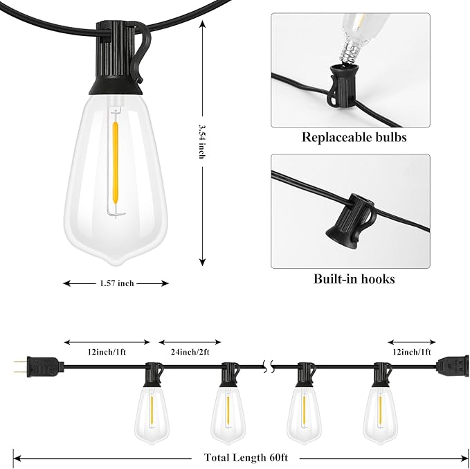 Brightever LED Outdoor String Lights 60FT