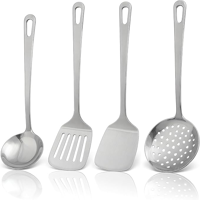 4pcs Cooking Utensils Set - Stainless Steel Kitchen Utensils, Heavy Duty Metal Kitchen Tools with Stainless Steel Spatula Solid & Slotted Turner, Ladle, Skimmer, Dishwasher Safe Easy to Clean