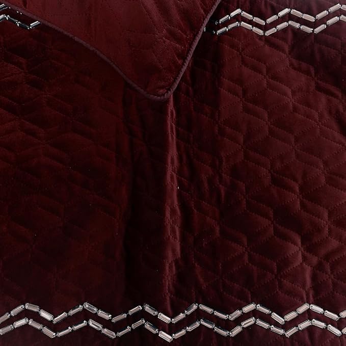 The HomeCentric King Queen Twin Deep Wine Decorative Queen 74"x18" Bed Runner Without Pillow Cover, Quilted & Crystals Bed Scarf on Velvet Fabric - Diamond Symphony