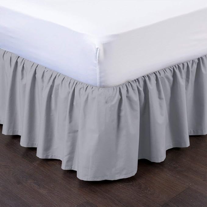 Ruffled Bed Skirt (Queen XL, Light Grey Color) 12 Inch Drop Dust Ruffle with Platform, 100% Cotton 800 Thread Count Fabric - Dust Ruffle Bedskirt for Easy Fitting and Easy Care