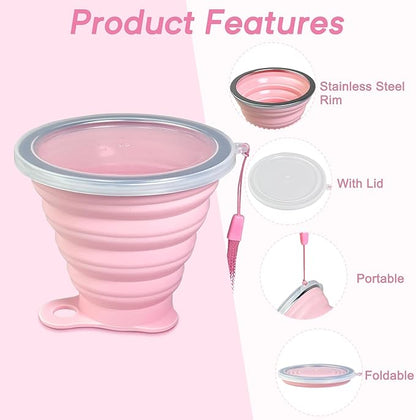 Silicone Collapsible Cup with Lid – Portable Collapsible Travel Cup for Hot and Cold Drinks – Leakproof Collapsible Cups for Camping, Hiking, Office (2 Pack)