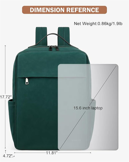 MASINTOR 15.6 inch PU Leather Laptop Backpack Purse for Women, Large College Casual Backpack Travel Bag Retro Green