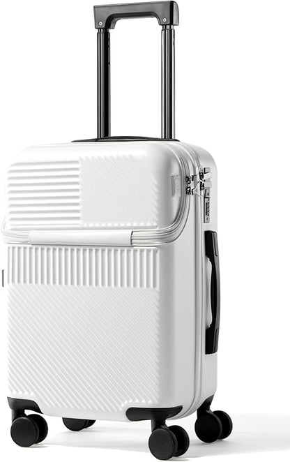 UrbanExplorer 20 Inch Carry-On Luggage with Front Opening, Cup Holder & USB Port, Lightweight ABS+PC Hardshell Spinner Suitcase, Airline Approved, 360° Wheels, White