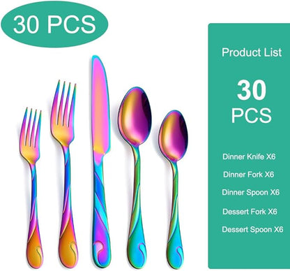 Rainbow Silverware Set for 6, 30-Piece Stainless Steel Flatware Set, Shiny Rainbow Metal Cutlery Set, Include Fork, Knife and Spoon Set, Dishwasher Safe