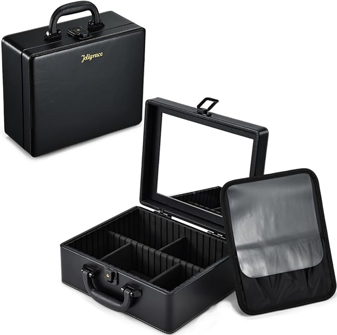 Joligrace Travel Makeup Case with Mirror, Makeup Organizer Case, PU Leather Makeup Train Case Portable Vanity Case Make up Box Countertop Storage Bag for Women,with Adjustable Dividers & Brush Holder