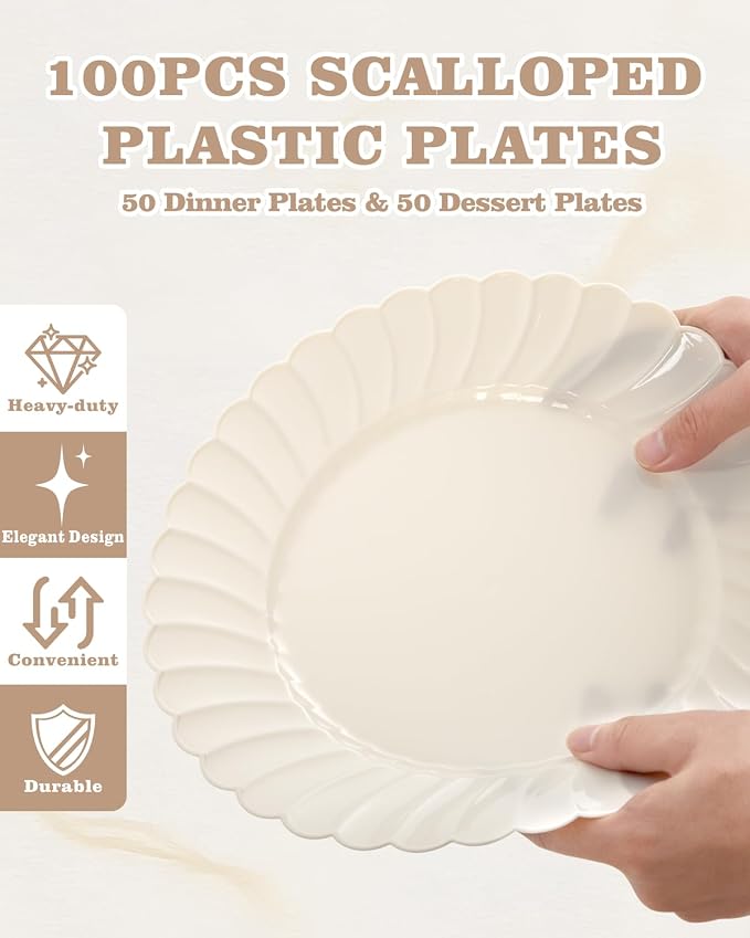YOUBET 100PCS Ivory Scalloped Plastic Plates