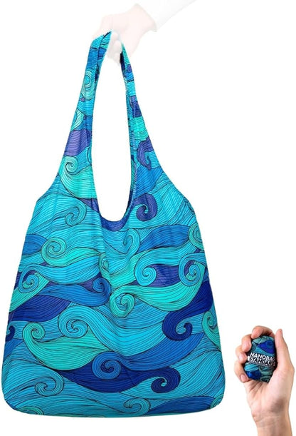 Nanobag Ultra-Lightweight Foldable Tote for Women & Men, Reusable Grocery & Travel Bag, Packable Collapsible Compact Market Essential (Standard Blue Waves)