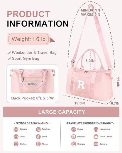 Initial Travel Duffel Bag Sports Gym Bag for Girls Teen Birthday Gifts,Pink Personalized Weekender Bag Carry On Tote Bags for Women Men,Waterproof Overnight Luggage Bag with Trolley Sleeve(Letter R)