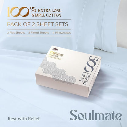 Mayfair Linen 100% Egyptian Cotton 2 Pack Twin Sheet Set - 500 Thread Count Cotton Sheets Twin Size (6 PC, Light Blue), Extra Soft, Cooling, Sateen Weave, 16" Deep Pocket College Dorm Room Bed Sheet
