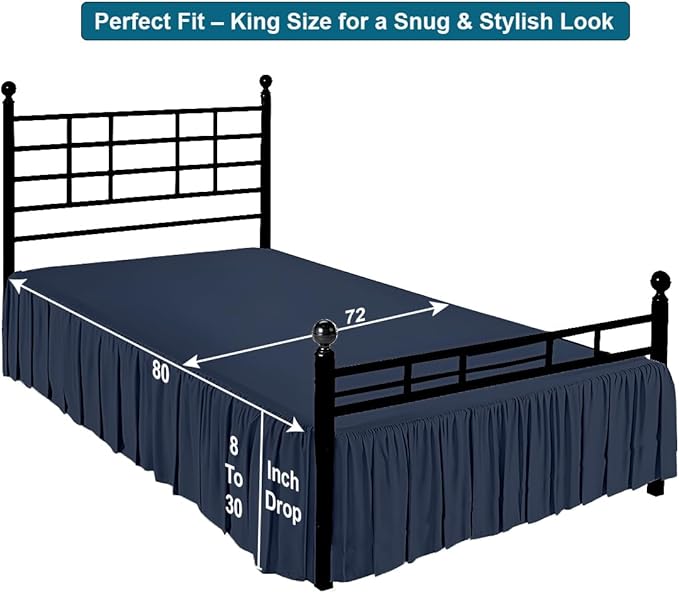 Shreem Linen Ruffled Bed Skirt with Split Corners, Gathered Style, 100% Microfiber, 28-Inch Drop, Dust Ruffle Bedskirt with Platform, King, Navy Blue