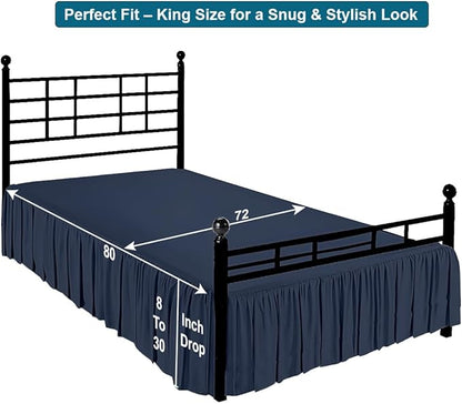Shreem Linen Ruffled Bed Skirt with Split Corners, Gathered Style, 100% Microfiber, 28-Inch Drop, Dust Ruffle Bedskirt with Platform, King, Navy Blue