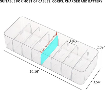Yesesion Clear Plastic Cable Organizer Box with Adjustment Compartments, Desk Accessories Storage Case with 10 Wire Ties for Drawer, Office Supplies, Electronic Management, Battery and Charger