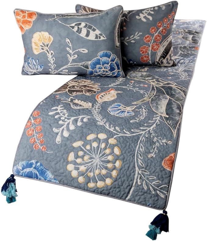 The HomeCentric Blue Bed Runner, CA King Size 86"x18" Decorative Bed Runner with Matching Pillow Cover, Blue Linen Bed Scarf in Quilted Peacock, Linen & Jute Embroidery - Peacock Willow