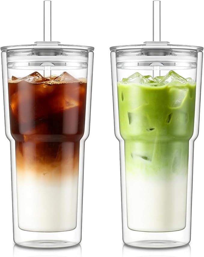 KEMORELA 2PCS 20oz Clear Double Wall Glass Cups