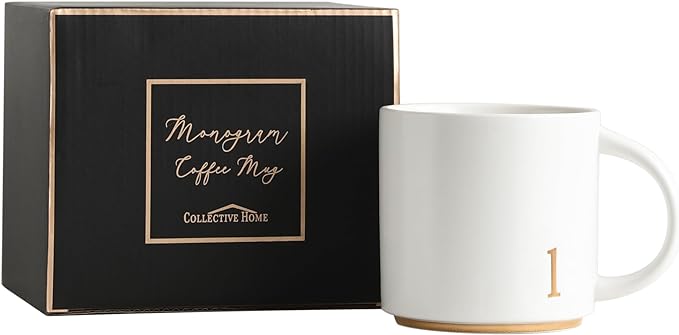 COLLECTIVE HOME Ceramic Coffee Mug, 15 oz Monogram Cup